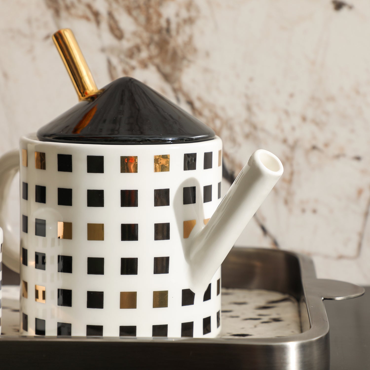 Grid Luxe Teapot (1 Pc) & Monochrome Chic Cups (Set of 6)
